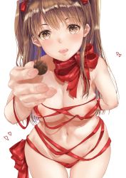 Rule 34 | 1girl, arm behind back, blurry, blush, bow, bowtie, breasts, brown eyes, brown hair, chocolate, cleavage, cowboy shot, depth of field, fingernails, hair bow, head tilt, heart, highres, holding, leaning forward, looking at viewer, medium breasts, navel, nipple slip, nipples, nude, ogiso setsuna, open mouth, reaching, reaching towards viewer, ricca55, skindentation, smile, solo, standing, thigh gap, twintails, two side up, white album (series), white album 2, white background, wrapped up