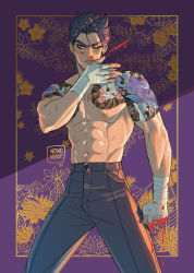 Rule 34 | 1boy, arm tattoo, back tattoo, bandaged hand, bandages, black hair, blood, blood on face, blood on hands, bloody bandages, blue eyes, chest tattoo, clenched hand, earrings, irezumi, jewelry, jojo no kimyou na bouken, kuujou joutarou, male focus, muscular, muscular male, nononorits, nosebleed, short hair, signature, stardust crusaders, tattoo, thick eyebrows, topless male, v-shaped eyebrows, wiping face, yakuza