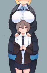 Rule 34 | 2girls, absurdres, ahoge, b6 (b6 n2), black coat, black neckwear, black skirt, blonde hair, blue background, blue neckwear, blue skirt, bowtie, breast rest, breasts, brown hair, brown jacket, coat, collared shirt, commentary request, cowboy shot, fur-trimmed coat, fur trim, girls&#039; frontline, hair between eyes, hands on another&#039;s shoulders, harness, height difference, highres, huge breasts, jacket, jacket partially removed, m200 (girls&#039; frontline), multiple girls, necktie, own hands together, pantyhose, pencil skirt, pleated skirt, pocket, purple eyes, shirt, simple background, size difference, skirt, smile, standing, striped bow, striped bowtie, striped clothes, tall female, tears, thighs, vsk-94 (girls&#039; frontline), white shirt, you gonna get raped, yuri