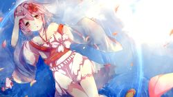Rule 34 | 1girl, afloat, blush, body blush, braid, floating, flower, hair flower, hair ornament, hand on own forehead, highres, in water, japanese clothes, long hair, mao yuzi, off shoulder, petals, pink eyes, pink hair, ribbon-trimmed clothes, ribbon trim, sergestid shrimp in tungkang, solo, water, wide sleeves, xuan ying