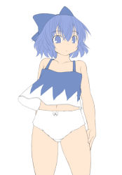 Rule 34 | 1girl, :&lt;, babydoll, blue eyes, blue hair, bow, camisole, cirno, colorized, flat chest, flat color, hair between eyes, hair bow, kasuga yukihito, matching hair/eyes, navel, panties, short hair, solo, touhou, underwear, unfinished, white panties