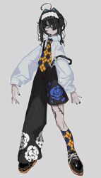 Rule 34 | 1girl, ahoge, asymmetrical pants, black footwear, black hair, black pants, blue hair, blue nails, closed mouth, collared shirt, commentary, english commentary, floral print, full body, grey background, hair intakes, hair over one eye, highres, indie virtual youtuber, jiangshi, leg tattoo, long hair, long sleeves, looking at viewer, multicolored hair, nail polish, necktie, official alternate costume, official art, pants, puffy sleeves, seimannu, shirt, shoes, simple background, socks, solo, standing, strap slip, streaked hair, suspenders, tachi-e, tattoo, virtual youtuber, white headdress, white shirt, yellow eyes, yosumi (vtuber)
