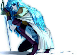 Rule 34 | 1girl, aqua hair, armor, blue eyes, boots, breastplate, cape, delsaber, earrings, eirika (fire emblem), fingerless gloves, fire emblem, fire emblem: the sacred stones, gloves, hair between eyes, highres, jewelry, kneeling, long hair, looking at viewer, miniskirt, nintendo, on one knee, purple thighhighs, rapier, shadow, shirt, short sleeves, simple background, skirt, solo, sword, thigh boots, thighhighs, weapon, white background, zettai ryouiki
