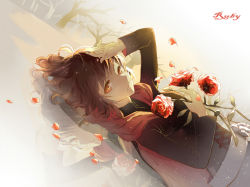 Rule 34 | 1girl, a luo, bad id, bad pixiv id, brown eyes, brown hair, cape, character name, corset, flower, hood, lying, on back, petals, red flower, red rose, reflection, rose, ruby rose, rwby, short hair, solo, tree