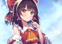 Rule 34 | 1girl, ascot, bare shoulders, blush, bow, brown eyes, brown hair, detached sleeves, hair bow, hair tubes, hakurei reimu, highres, japanese clothes, looking at viewer, medium hair, murasaki atsushi, nontraditional miko, open mouth, orange ascot, red bow, ribbon-trimmed sleeves, ribbon trim, sidelocks, solo, touhou, upper body, white sleeves, wide sleeves