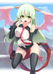 Rule 34 | 1girl, bad id, bad pixiv id, bare shoulders, black thighhighs, breasts, bridal gauntlets, detached sleeves, fang, green eyes, green hair, happy, highres, hip focus, homura subaru, horns, large breasts, long hair, matching hair/eyes, necktie, open mouth, original, pinky out, revision, smile, solo, thighhighs, wings