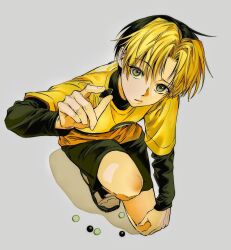 Rule 34 | 1boy, black shirt, black shorts, blonde hair, brown hair, child, closed mouth, colored bangs, confused, from above, full body, hand on own knee, head tilt, highres, hikaru no go, holding, layered sleeves, looking at viewer, m m pb, male focus, multicolored hair, on one knee, parted bangs, raised eyebrows, reaching, reaching towards viewer, shindou hikaru, shirt, short hair, shorts, simple background, sitting, solo, two-tone hair, yellow shirt