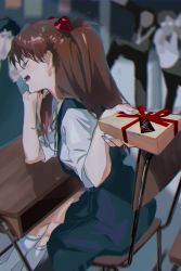 Rule 34 | 1girl, absurdres, aida kensuke, bow, box, brown hair, chair, chromatic aberration, closed mouth, commentary request, from behind, hair bow, highres, kneehighs, neon genesis evangelion, open mouth, piasu029, red bow, school, school chair, school uniform, shirt, sitting, skirt, socks, solo focus, souryuu asuka langley, suzuhara touji, table, tsundere, two side up, valentine