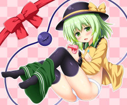 Rule 34 | 1girl, black hat, black thighhighs, blush, bow, breasts, cameltoe, candy, checkered background, chocolate, chocolate heart, clothes pull, eyeball, fang, food, frilled shirt collar, frills, full body, green eyes, green hair, green skirt, hat, hat bow, heart, heart of string, komeiji koishi, long sleeves, looking at viewer, nagana sayui, open clothes, open shirt, panties, parted lips, shirt, skirt, skirt pull, small breasts, smile, solo, thighhighs, third eye, touhou, underboob, underwear, white panties, wide sleeves, yellow shirt