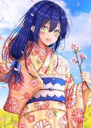 Rule 34 | 1girl, alternate hairstyle, artist name, artist request, blue bow, blue hair, blue obi, blue sky, blush, bow, branch, breasts, brown eyes, cloud, day, falling petals, female focus, field, floral print, flower, flower field, flower print, hair between eyes, hair bow, hair over shoulder, highres, holding, holding branch, holding flower, japanese clothes, kimono, kimono skirt, long hair, long sleeves, looking at viewer, love live!, love live! school idol project, miniskirt, obi, outdoors, parted lips, petals, pink petals, plaid, plaid skirt, pleated, pleated skirt, sash, skirt, sky, smile, solo, sonoda umi, wide sleeves, yellow eyes, yellow kimono, yellow skirt, yukata