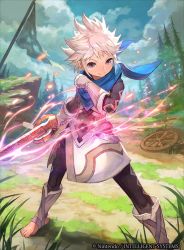 Rule 34 | 1boy, copyright name, day, fire emblem, fire emblem cipher, full body, glowing, holding, holding sword, holding weapon, kana (fire emblem), kana (male) (fire emblem), lack, male focus, nintendo, official art, outdoors, pointy ears, solo, standing, sword, weapon, white hair