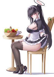 Rule 34 | 1girl, absurdres, alternate costume, apple, apron, basket, black footwear, black hair, black halo, black nails, blue archive, blush, breasts, chair, clothes lift, enmaided, food, fruit, grapes, halo, high heels, highres, kaijiba, large breasts, lifting own clothes, maid, maid apron, maid headdress, nail polish, patent heels, ponytail, pumps, red eyes, red soles, rio (blue archive), shoes, simple background, sitting, smile, solo, stiletto heels, teapot, white background
