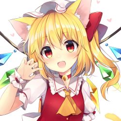 Rule 34 | 1girl, :d, absurdres, animal ear fluff, animal ears, ascot, bell, blonde hair, blush, bow, cat ears, cat tail, claw pose, collar, commentary request, crystal, fang, flandre scarlet, frilled cuffs, frilled shirt collar, frills, hair between eyes, hair bow, hat, heart, highres, kemonomimi mode, looking at viewer, mob cap, neck bell, one side up, open mouth, puffy short sleeves, puffy sleeves, red bow, red eyes, red vest, ruhika, short hair, short sleeves, simple background, smile, solo, tail, touhou, upper body, vest, white background, wings, yellow ascot