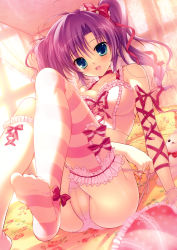 Rule 34 | 1girl, :d, absurdres, anklet, arm ribbon, bad feet, bare shoulders, bed, blue eyes, blush, bow, bra, breasts, cameltoe, canopy bed, choker, cleavage, cleft of venus, feet, floral print, frilled thighhighs, frills, hair bow, heart, highres, jewelry, large breasts, lingerie, long hair, long legs, looking at viewer, mikeou, no shoes, open mouth, original, panties, pink theme, pink thighhighs, ponytail, purple hair, ribbon, side-tie panties, sitting, smile, solo, striped clothes, striped thighhighs, stuffed animal, stuffed toy, thighhighs, underwear, undressing, white thighhighs, wrist cuffs