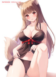 Rule 34 | 1girl, animal ears, artist name, babydoll, babydoll lift, black babydoll, black panties, blush, breasts, brown hair, cleavage, collarbone, holo, knee up, lifting own clothes, long hair, looking at viewer, navel, panties, parted lips, red eyes, sebu illust, simple background, sitting, solo, spice and wolf, tail, tongue, underwear, watermark, white background, wolf ears, wolf girl, wolf tail