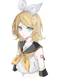 Rule 34 | 1girl, absurdres, aqua eyes, arm tattoo, arms at sides, bare shoulders, black sailor collar, black sleeves, blonde hair, bow, closed mouth, cropped arms, detached sleeves, frilled shirt, frills, hair bow, hair ornament, headphones, highres, kagamine rin, looking at viewer, medium hair, neckerchief, number tattoo, sailor collar, shirt, sleeveless, sleeveless shirt, smile, solo, sushisushi iiii, swept bangs, tattoo, upper body, vocaloid, white background, white bow, white headphones, white shirt, yellow neckerchief, yellow trim