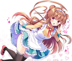 Rule 34 | 1girl, ahoge, alternate costume, apron, bad id, bad pixiv id, black thighhighs, blush, breasts, brown eyes, brown hair, clothes lift, commentary request, double bun, dress, frilled thighhighs, frills, hair between eyes, hair bun, heart, heart print, highres, huge ahoge, kantai collection, kuma (kancolle), lifted by self, long hair, long sleeves, looking at viewer, maid, maid apron, maid headdress, masayo (gin no ame), medium breasts, open mouth, shoes, simple background, skirt, skirt lift, smile, solo, standing, thighhighs, v, victorian maid
