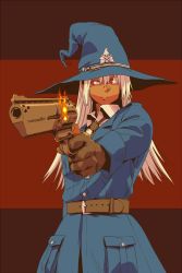 Rule 34 | 1girl, a.hebmuller, aiming, aiming at viewer, belt, belt buckle, black necktie, blue hat, brown gloves, buckle, buttons, cloak, closed mouth, collared shirt, commentary, fire, gloves, gun, hair between eyes, handgun, hat, holding, holding gun, holding weapon, long hair, long sleeves, looking to the side, necktie, original, red background, red eyes, revolver, shirt, sidelocks, simple background, solo, standing, trigger discipline, two-tone background, upper body, weapon, white hair, witch, witch hat