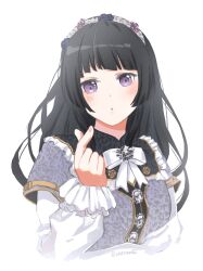 Rule 34 | 1girl, bang dream!, black hair, bow, character request, commentary request, dress, flower, flower on head, gold trim, highres, index finger raised, long hair, looking at viewer, puffy sleeves, purple eyes, revision, signature, white background, white bow, white headdress, xin (blueramen)