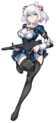 Rule 34 | 1girl, ahoge, alternate costume, blue eyes, breasts, cleavage, cleavage cutout, clothing cutout, commentary, commentary request, daewoo k7, daewoo k7 (girls&#039; frontline), daewoo precision industries, daewoo telecom, full body, girls&#039; frontline, gun, hair between eyes, hair ornament, highres, integral suppressor, integrally-suppressed firearm, looking at viewer, machine gun, magazine (weapon), military, military uniform, momera, original, patch, rifle, s&amp;t daewoo, s&amp;t motiv, short hair, silver hair, simple background, skirt, snt motiv, solo, submachine gun, suppressor, thighhighs, uniform, weapon