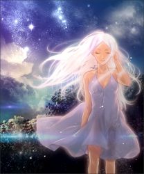 Rule 34 | 00s, 1girl, arm at side, bad id, bad pixiv id, bare shoulders, closed eyes, glv, gundam, gundam 00, long hair, looking at viewer, murakami yuichi, night, night sky, nightgown, red eyes, sky, solo, soma peries, standing, star (sky), starry sky, very long hair
