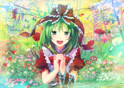 Rule 34 | 1girl, bow, branch, cherry blossoms, clover, clover (flower), daffodil, daisy, dandelion, female focus, flower, food, front ponytail, fruit, green eyes, green hair, hair bow, hair ornament, hair ribbon, happy, highres, interlocked fingers, kagiyama hina, long hair, looking at viewer, matching hair/eyes, nail art, nail polish, nature, own hands clasped, own hands together, red nails, ribbon, short hair, solo, strawberry, takuzui, touhou, tulip, violet (flower), wisteria