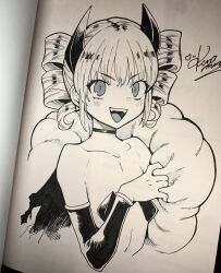 Rule 34 | 1girl, bare shoulders, blush, breasts, cape, choker, commentary request, cropped torso, detached sleeves, drill hair, highres, horns, kanimura ebio, looking at viewer, marker (medium), monochrome, open mouth, original, photo (medium), revealing clothes, signature, small breasts, smile, solo, teeth, traditional media, twin drills