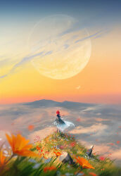 Rule 34 | 1girl, blurry, cloud, cloudy sky, commentary, crescent moon, depth of field, english commentary, faye (ross tran), flower, from behind, full body, grass, highres, horizon, long hair, moon, multiple moons, orange sky, original, petals, ponytail, red hair, rock, ross tran, scenery, sky, solo, wind