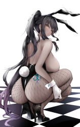 Rule 34 | 1921494015, 1girl, absurdres, animal ears, ass, back, black footwear, black leotard, blue archive, blue ribbon, breasts, checkered floor, dark-skinned female, dark skin, detached collar, earrings, fake animal ears, fake tail, fishnet pantyhose, fishnets, from behind, gloves, gradient hair, high heels, highres, jewelry, karin (blue archive), karin (bunny) (blue archive), large breasts, leotard, long hair, looking at viewer, looking back, multicolored hair, open mouth, pantyhose, playboy bunny, ponytail, purple hair, rabbit ears, rabbit tail, ribbon, sidelocks, solo, squatting, tail, very long hair, white gloves, wrist cuffs