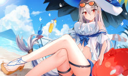 Rule 34 | 1girl, arknights, bare legs, black choker, breasts, brown footwear, choker, cloud, commentary request, crossed legs, cup, day, drink, drinking glass, eyewear on head, food, foot out of frame, fruit, hair between eyes, hair ornament, hat, highres, inflatable orca, inflatable toy, juice, kinona, large breasts, lemon, lemon slice, long hair, looking at viewer, low-tied long hair, official alternate costume, orca hair ornament, outdoors, partial commentary, red eyes, sandals, shorts, sitting, sitting on object, skadi (arknights), skadi (waverider) (arknights), sky, solo, sun hat, swimsuit, thigh strap, umbrella, white hat