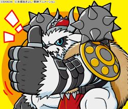 Rule 34 | 1boy, artist name, bandai, blue eyes, copyright name, digimon, digimon (creature), digimon adventure: (2020), fangs, fur trim, furry, furry male, helmet, looking at viewer, mace, spiked mace, muscular, official art, sharp teeth, solo, standing, teeth, upper body, vikemon, weapon, yellow background
