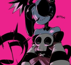Rule 34 | 1girl, 770mk, blue skin, colored skin, detached collar, detached sleeves, closed eyes, musical note, pink background, side ponytail, skullgirls, smile, solo, squigly (skullgirls), stitched mouth, stitches, striped, zombie