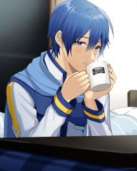 Rule 34 | 1boy, bed, blue eyes, blue hair, blue nails, blue scarf, character name, coat, commentary, cup, drinking, highres, holding, holding cup, indoors, kaito (vocaloid), looking at viewer, male focus, mug, nail polish, nokuhashi, scarf, sitting, smile, table, upper body, vocaloid, white coat, window