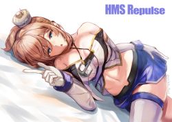 Rule 34 | 1girl, :o, anchor, azur lane, bare shoulders, bed sheet, blue eyes, blue skirt, blush, braid, breasts, brown hair, capelet, character name, cleavage, commentary request, cowboy shot, criss-cross halter, crop top, detached sleeves, dutch angle, french braid, gloves, hair between eyes, half-closed eyes, halterneck, highres, index finger raised, large breasts, looking at viewer, lying, midriff, miniskirt, navel, on side, ponytail, repulse (azur lane), sankyo (821-scoville), short hair, sidelocks, simple background, skindentation, skirt, solo, thighhighs, twitter username, white background, white gloves, white sleeves, white thighhighs, zettai ryouiki