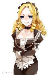 Rule 34 | 1girl, blonde hair, blue eyes, breasts, cleavage, collar, detached sleeves, drill hair, frills, gloves, jing hu, long sleeves, maid, maid headdress, overlord (maruyama), puffy sleeves, simple background, smile, solo, solution epsilon