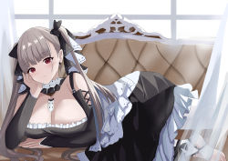 Rule 34 | 1girl, absurdres, azur lane, bare shoulders, between breasts, black dress, black ribbon, breasts, cleavage, clothing cutout, couch, dress, formidable (azur lane), grey hair, hand on own cheek, hand on own face, highres, indoors, large breasts, long hair, looking at viewer, lying, necktie, necktie between breasts, on side, pantyhose, red eyes, ribbon, shoulder cutout, solo, twintails, two-tone dress, two-tone ribbon, very long hair, white dress, white pantyhose, white ribbon, window, yu xiaozhi