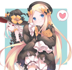 Rule 34 | 2girls, abigail williams (fate), abigail williams (third ascension) (fate), black bow, black dress, black hat, blonde hair, bloomers, blue eyes, blush, bow, bug, butterfly, cai li, closed mouth, commentary request, dress, dual persona, fate/grand order, fate (series), hair bow, hat, hat bow, heart, hugging object, insect, long hair, long sleeves, looking at viewer, looking to the side, multiple girls, orange bow, pale skin, parted bangs, polka dot, polka dot bow, polka dot headwear, red eyes, revealing clothes, sleeves past fingers, sleeves past wrists, smile, spoken heart, stuffed animal, stuffed toy, teddy bear, underwear, very long hair, white bloomers, white hair, witch hat