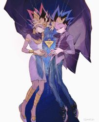 Rule 34 | 2boys, armlet, atem, black hair, blonde hair, blue hair, bracelet, buttons, closed eyes, collared shirt, commentary, dyed bangs, grey footwear, highres, jewelry, knees, long sleeves, male focus, millennium puzzle, multiple boys, muto yugi, open clothes, open vest, pants, purple vest, shirt, shoes, sneakers, spiked hair, symbol-only commentary, vest, yomogii ygo, yu-gi-oh!, yu-gi-oh! duel monsters