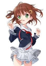 Rule 34 | 1girl, :d, bad id, bad twitter id, blue shirt, blush, brown hair, cardcaptor sakura, crescent, crescent hair ornament, fingernails, green eyes, hair between eyes, hair ornament, hands up, kinomoto sakura, long sleeves, looking at viewer, mousou (mousou temporary), open mouth, pleated skirt, sailor collar, school uniform, serafuku, shirt, short hair, simple background, skirt, smile, solo, two side up, white background, white sailor collar, white shirt, white skirt