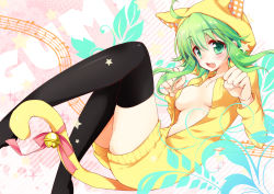 Rule 34 | 1girl, animal costume, animal ears, animal hood, bell, black thighhighs, blush, cat hood, cat tail, fang, green eyes, green hair, gumi, hood, hoodie, mao (alepricos), musical note, naked hoodie, open clothes, open shirt, paw pose, ribbon, shirt, short hair with long locks, tail, tail bell, tail ornament, tail ribbon, thighhighs, vocaloid