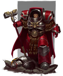 Rule 34 | absurdres, adrian4rt, armor, armored boots, black armor, black hair, boots, breastplate, brown eyes, cape, chaos (warhammer), commentary, corpse, couter, cuirass, english commentary, gauntlets, greaves, grey armor, grey background, highres, holding, holding weapon, iron warriors, leg armor, lying, male focus, on back, pauldrons, pelvic curtain, poleyn, power armor, red armor, red cape, rerebrace, short hair, shoulder armor, simple background, skull, standing on rock, terminator armor, walking, war hammer, warhammer 40k, weapon, white background