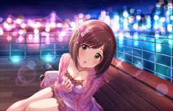 Rule 34 | 10s, 1girl, artist request, bag, bench, blurry, blush, bokeh, bow, breasts, brown hair, cardigan, city lights, cleavage, depth of field, dress, fang, green eyes, hair bow, hair ornament, hand on own chest, handbag, head tilt, idolmaster, idolmaster cinderella girls, idolmaster cinderella girls starlight stage, jewelry, large breasts, leaning forward, long sleeves, looking at viewer, maekawa miku, medium breasts, necklace, night, official art, open cardigan, open clothes, open mouth, outdoors, pier, pink dress, railing, short dress, short hair, sitting, sleeves past wrists, solo, source request, sparkle, tareme