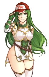 1girl, absurdres, armor, breasts, elbow gloves, erinys (fire emblem), fingerless gloves, fire emblem, fire emblem: genealogy of the holy war, gloves, green eyes, green hair, hat, highres, long hair, looking at viewer, medium breasts, nintendo, no panties, pelvic curtain, simple background, smile, solo, tridisart, white background