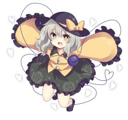 Rule 34 | 1girl, :d, absurdres, black footwear, black hat, bow, bright pupils, floral print, frilled skirt, frilled sleeves, frills, full body, green eyes, green hair, green skirt, hat, hat bow, heart, heart of string, highres, komeiji koishi, long sleeves, looking at viewer, open mouth, rose print, shirt, short hair, simple background, skirt, smile, solo, split mouth, subaru (subachoco), third eye, touhou, white background, white legwear, white pupils, yellow bow, yellow shirt