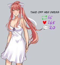 Rule 34 | 1girl, absurdres, bagjaoppay, blush, bow, breasts, brown hair, cleavage, cowboy shot, doki doki literature club, english text, green eyes, grey background, hair bow, highres, long hair, looking at viewer, medium breasts, meme, monika (doki doki literature club), parted lips, simple background, solo, twitter strip game (meme), very long hair, white bow