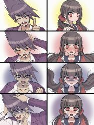Rule 34 | 1boy, 1girl, anger vein, arms up, black hair, black sailor collar, blunt bangs, blush, brown hair, collarbone, crying, danganronpa (series), danganronpa v3: killing harmony, earrings, facial hair, goatee, hair ornament, hairclip, hand up, harukawa maki, highres, jacket, jewelry, long hair, low twintails, mole, mole under eye, momota kaito, multicolored background, open mouth, pink jacket, portrait, pout, red eyes, red scrunchie, red shirt, sailor collar, satori (aosky9077), scrunchie, shirt, spiked hair, tears, teeth, thumbs up, tongue, twintails, upper teeth only