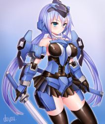 Rule 34 | 10s, 1girl, aqua eyes, black gloves, black skirt, black thighhighs, blue hair, bodysuit, breasts, covered erect nipples, covered navel, doyouwantto, dual wielding, elbow gloves, frame arms girl, gloves, headgear, holding, katana, large breasts, long hair, looking to the side, mecha musume, pleated skirt, see-through, skirt, solo, stylet, sword, thighhighs, very long hair, weapon