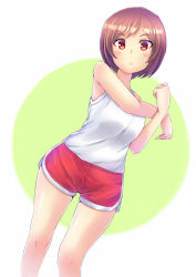 Rule 34 | 00s, 1girl, :&lt;, anko jamu, blush stickers, brown eyes, brown hair, closed mouth, crossed arms, dolphin shorts, dutch angle, gym shorts, looking at viewer, major, major 2nd, mayumura michiru, short hair, short shorts, shorts, simple background, solo, sportswear, stretching, tank top, two-tone background