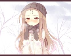 Rule 34 | 1girl, bad id, bad pixiv id, beanie, blush, brown eyes, brown hair, forehead, hat, idolmaster, idolmaster (classic), komi zumiko, letterboxed, long hair, looking at viewer, minase iori, pom pom (clothes), scarf, simple background, solo, tree, winter