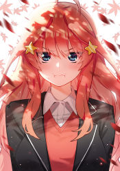 Rule 34 | 1girl, ahoge, blue eyes, blush, breasts, commentary request, face, frown, go-toubun no hanayome, hair between eyes, hair ornament, highres, large breasts, long hair, looking at viewer, nakano itsuki, red hair, shirt, solo, star (symbol), star hair ornament, zhanzheng zi